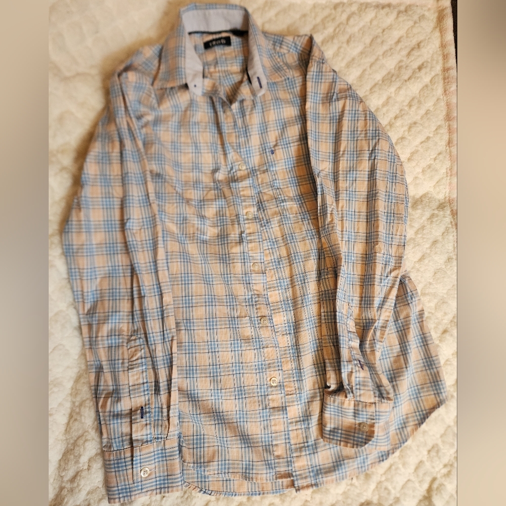 Izod Men's Casual Plaid Shirt - Blue and Tan